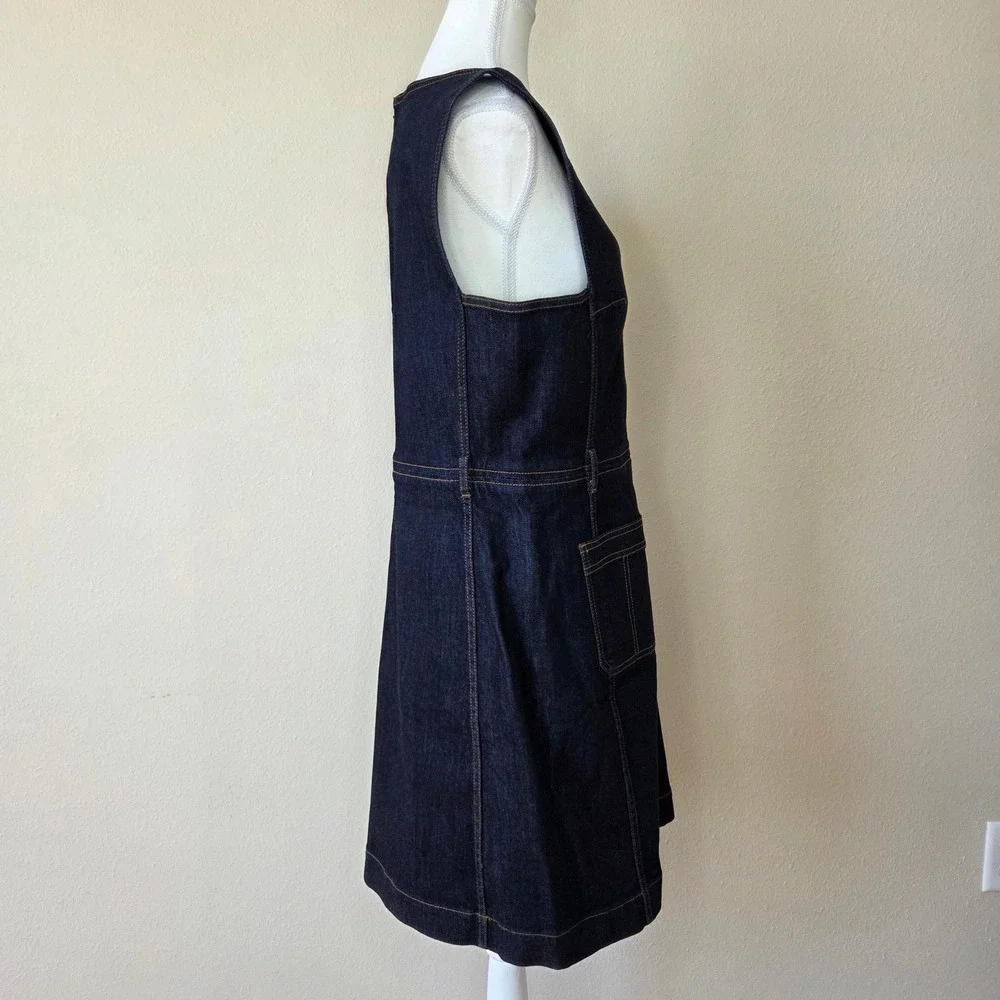 Tory Burch Dark Wash Denim Sleeveless Shift Dress Pockets Gold Ring Zip 14